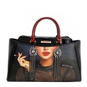 Nicole Lee Black Satchel with Red Handles and Crystal Tassels